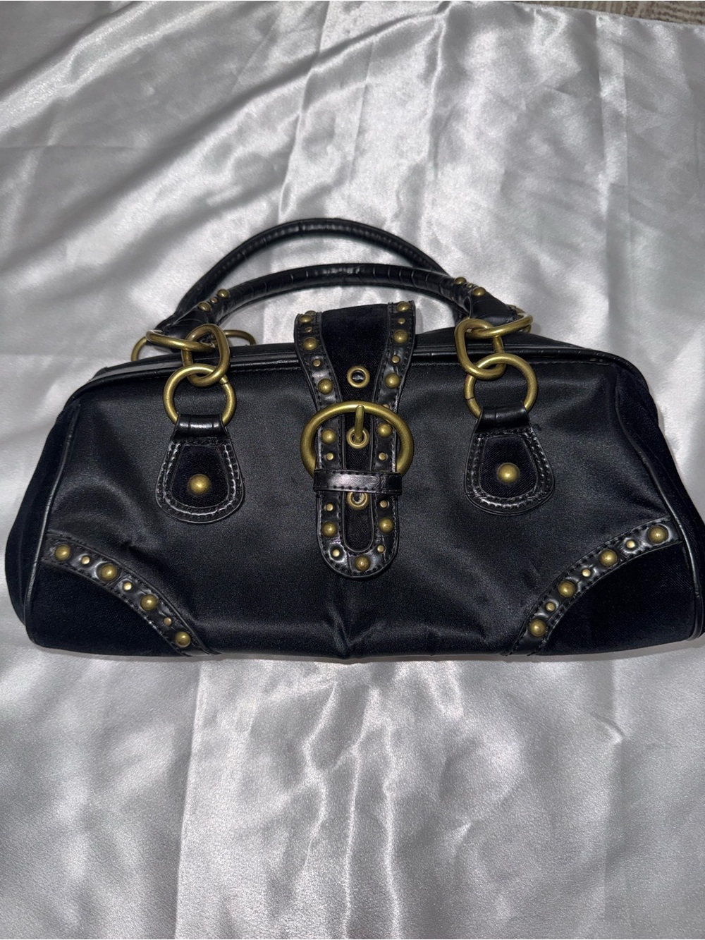 Y2K Black Satchel with Antique-Gold Stud Accents
